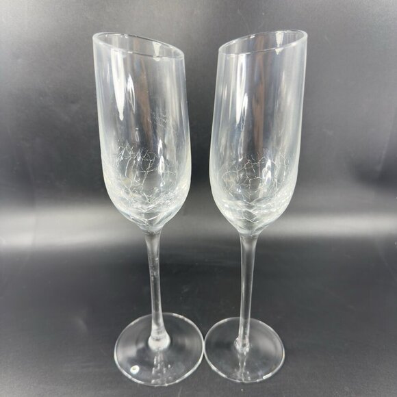 Pier 1 Clear Glass Crackle Angled Rim Goblet Drinking Glasses Cups Flutes Set  2 - Picture 7 of 11